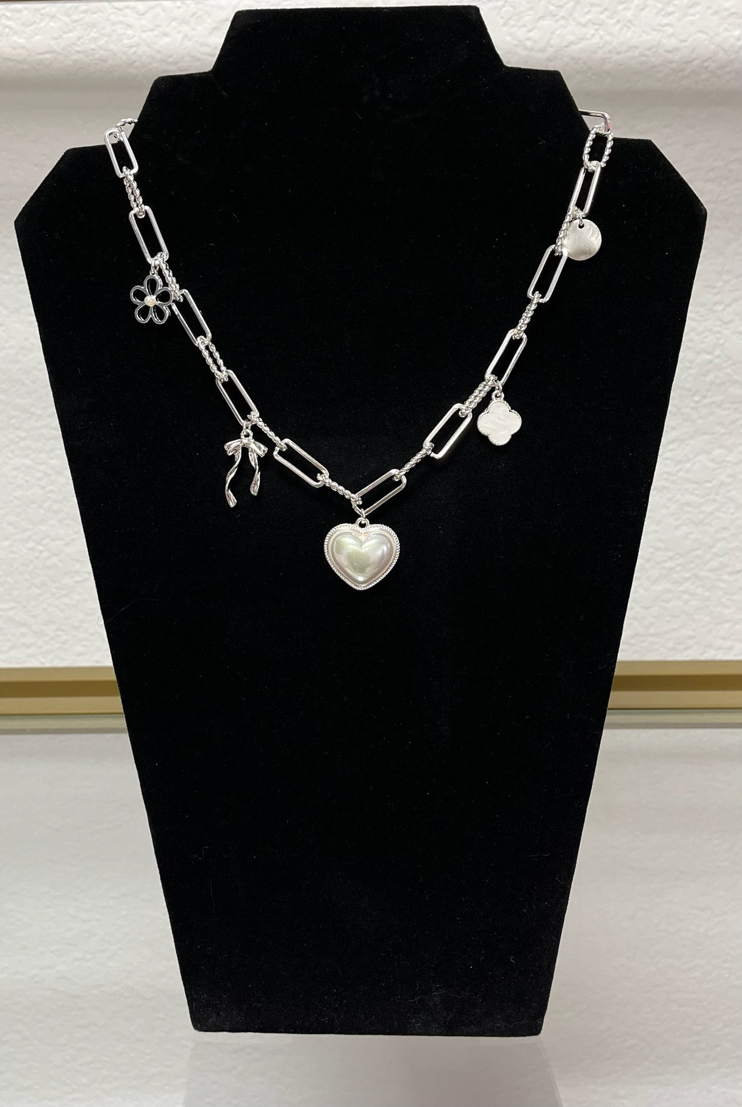 Pearl Heart Charm Necklace (silver and gold)