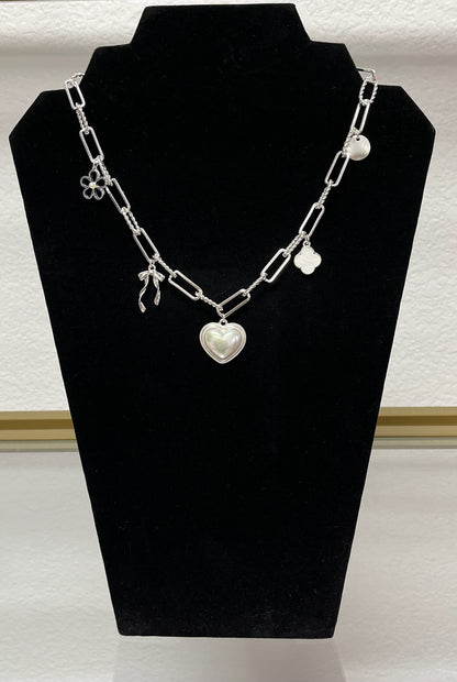 Pearl Heart Charm Necklace (silver and gold) FS