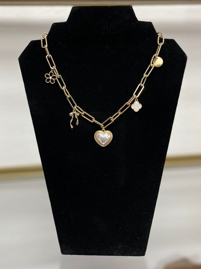 Pearl Heart Charm Necklace (silver and gold) FS