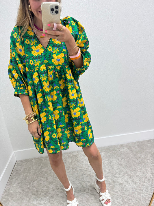 Floral Yellow And Green Print Puff Sleeve Dress