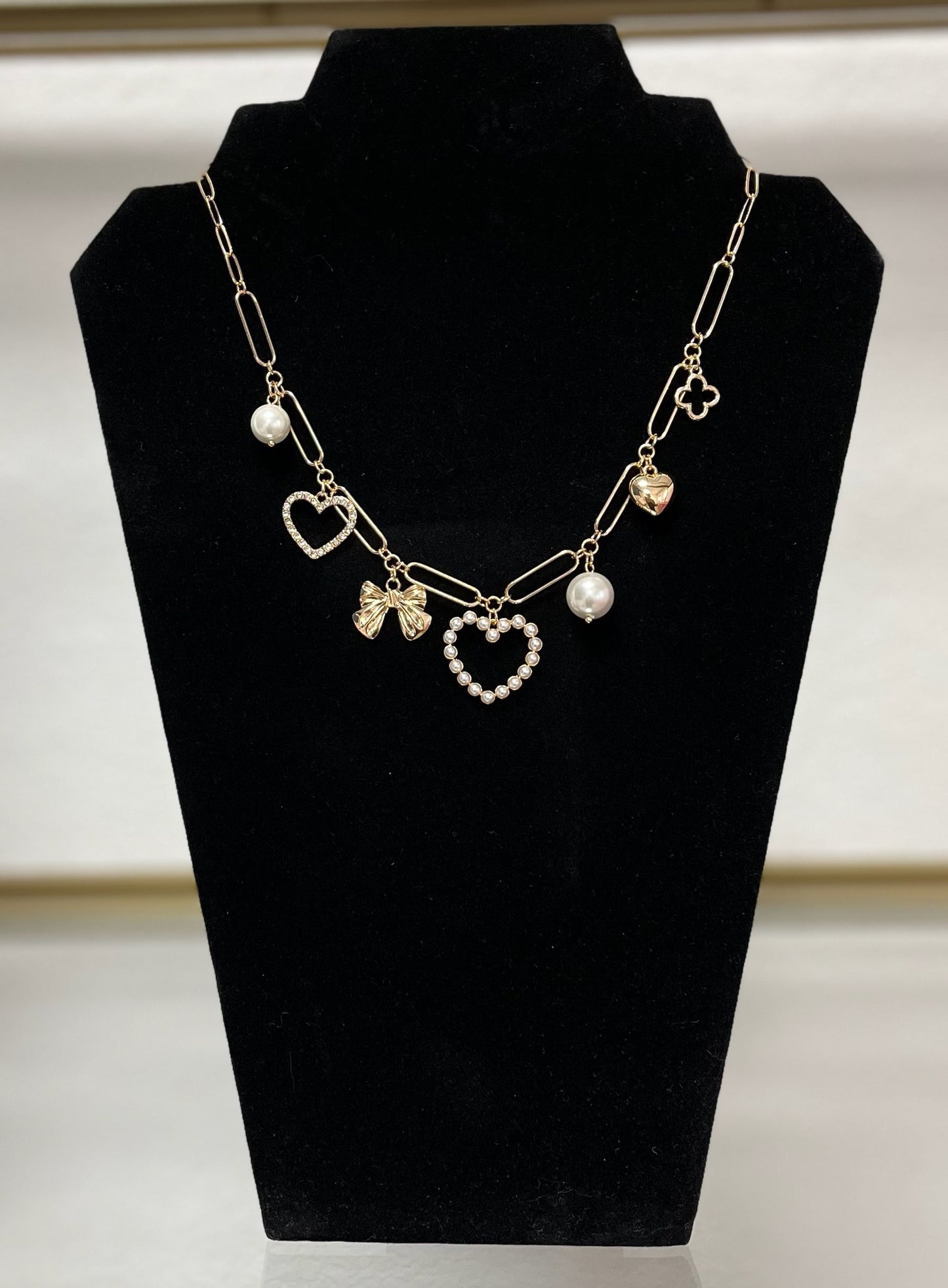 Multi Heart and Bow Charm Necklace