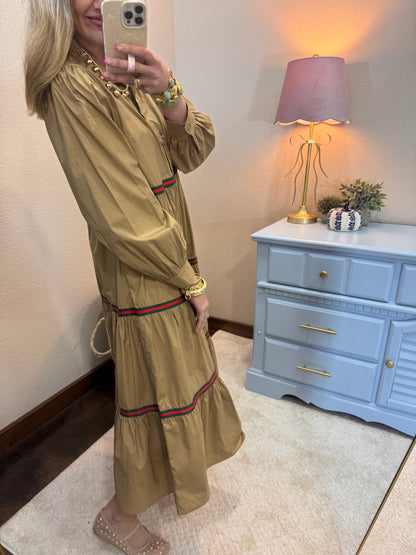Taupe Stripe Trim Accent Tiered Midi Dress