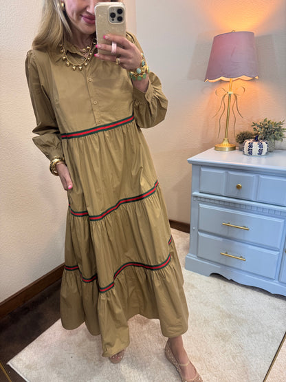 Taupe Stripe Trim Accent Tiered Midi Dress