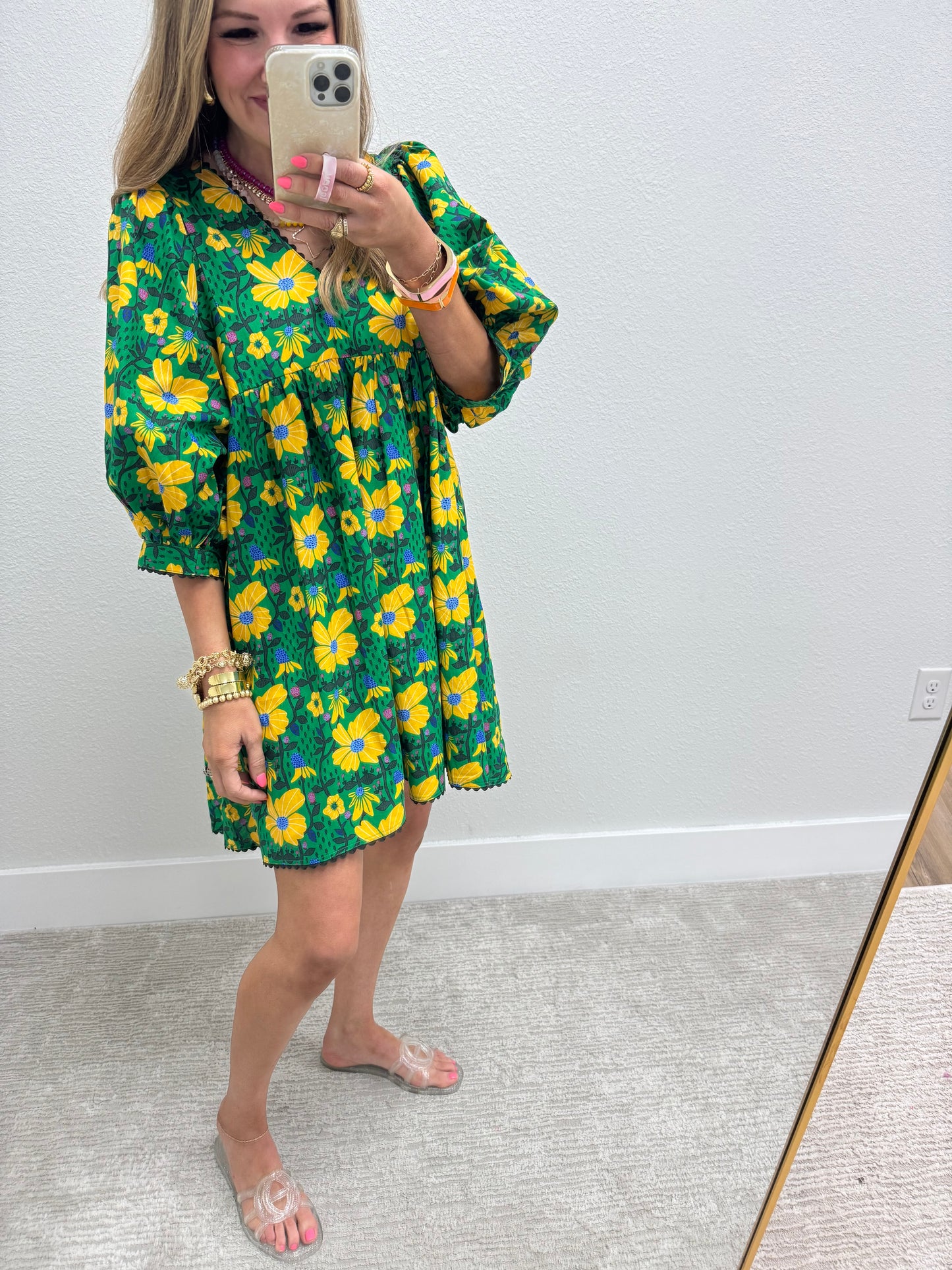 Floral Yellow And Green Print Puff Sleeve Dress