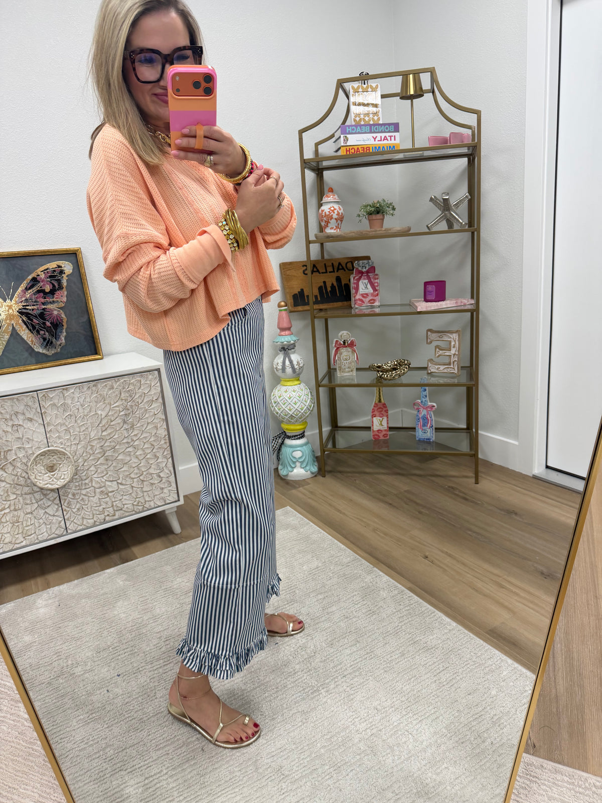 Navy Ruffle Hem Accent Stripe Casual Pants