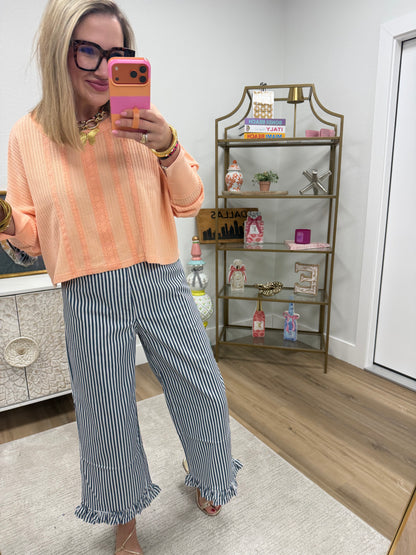 Navy Ruffle Hem Accent Stripe Casual Pants