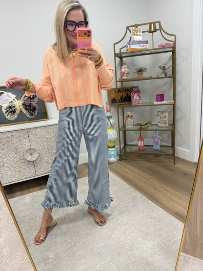 Navy Ruffle Hem Accent Stripe Casual Pants