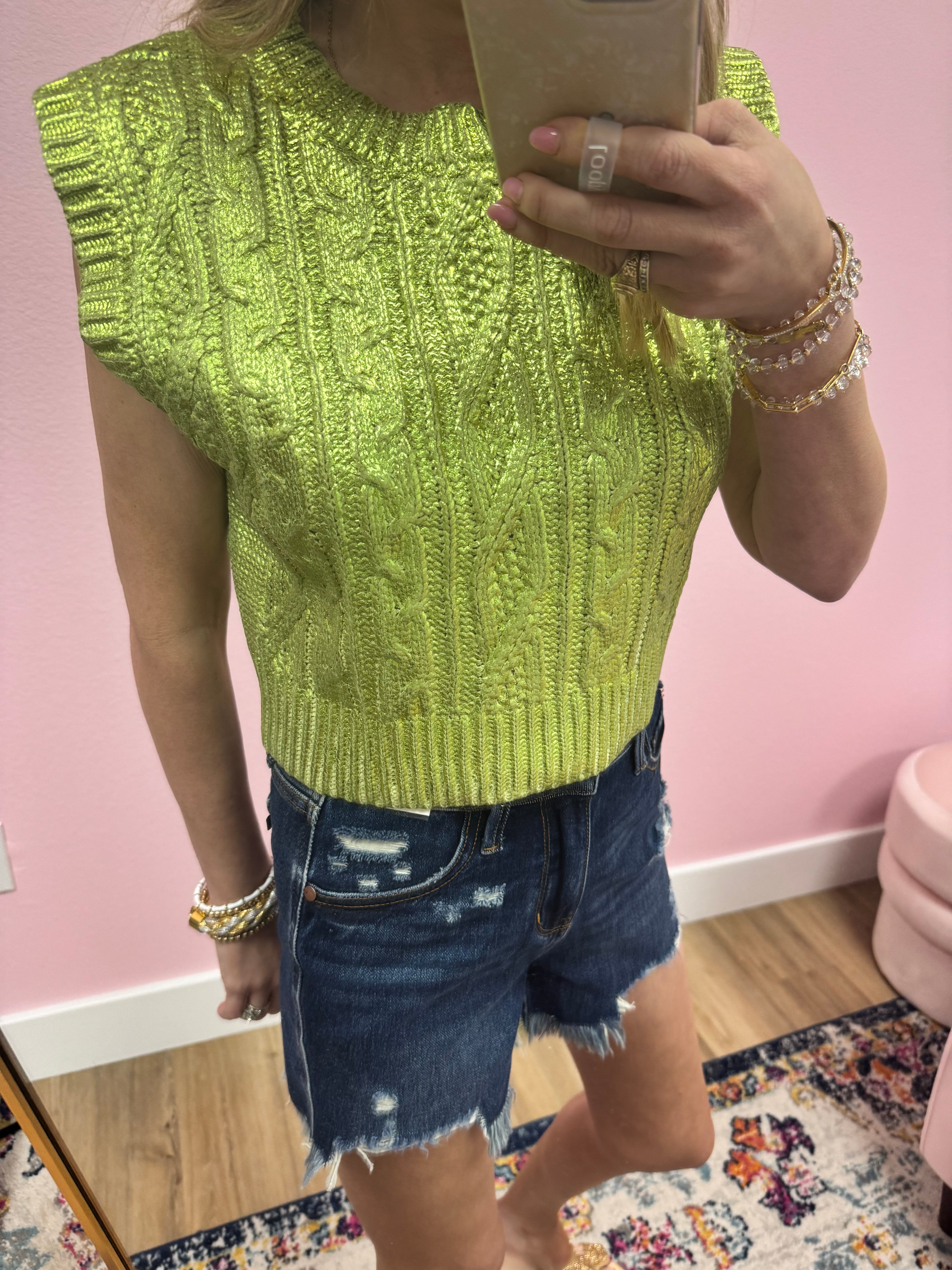 Metallic Lime Cropped Sweater Top
