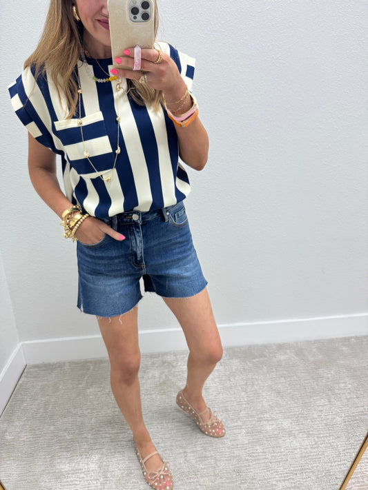 Navy and Cream Striped Cap Sleeve Top