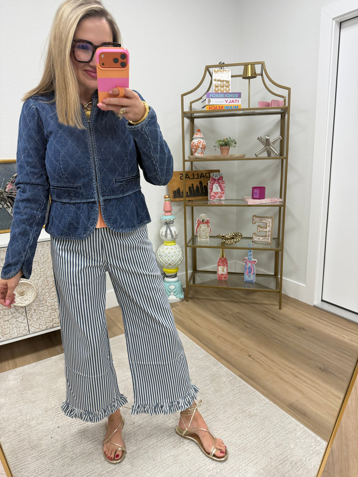 Navy Ruffle Hem Accent Stripe Casual Pants