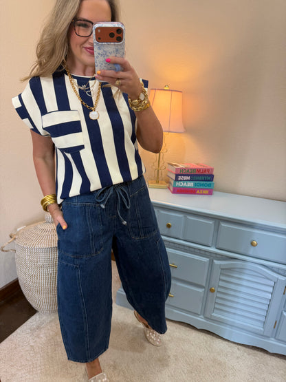 Navy and Cream Strip Round Neck Pocket Top