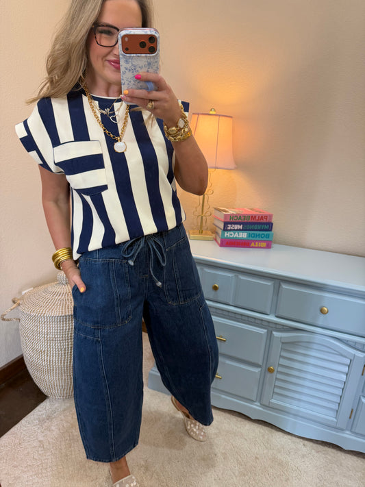 Navy and Cream Strip Round Neck Pocket Top