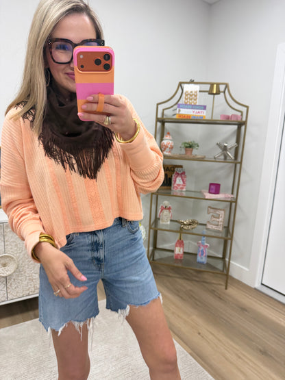 Salmon Garment Dye and Mineral Washed Thermal With Lace Detailed Crop Oversized Top