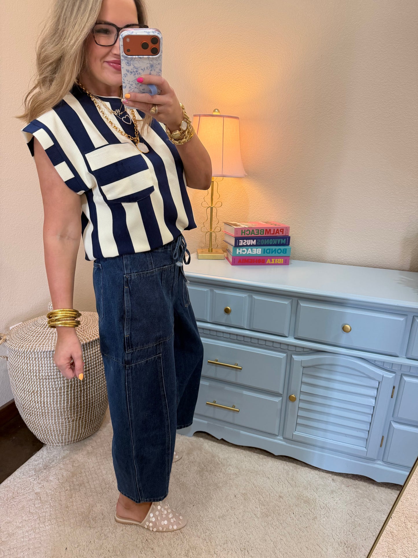 Navy and Cream Strip Round Neck Pocket Top