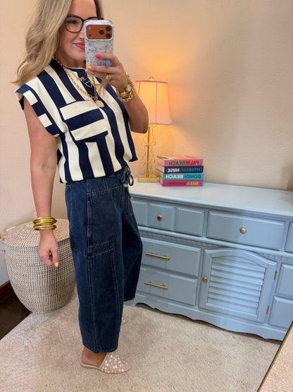 Navy and Cream Strip Round Neck Pocket Top