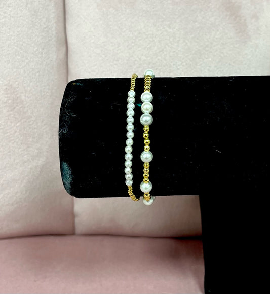 Dainty Gold Pearl Bracelet Set of 2- Style D