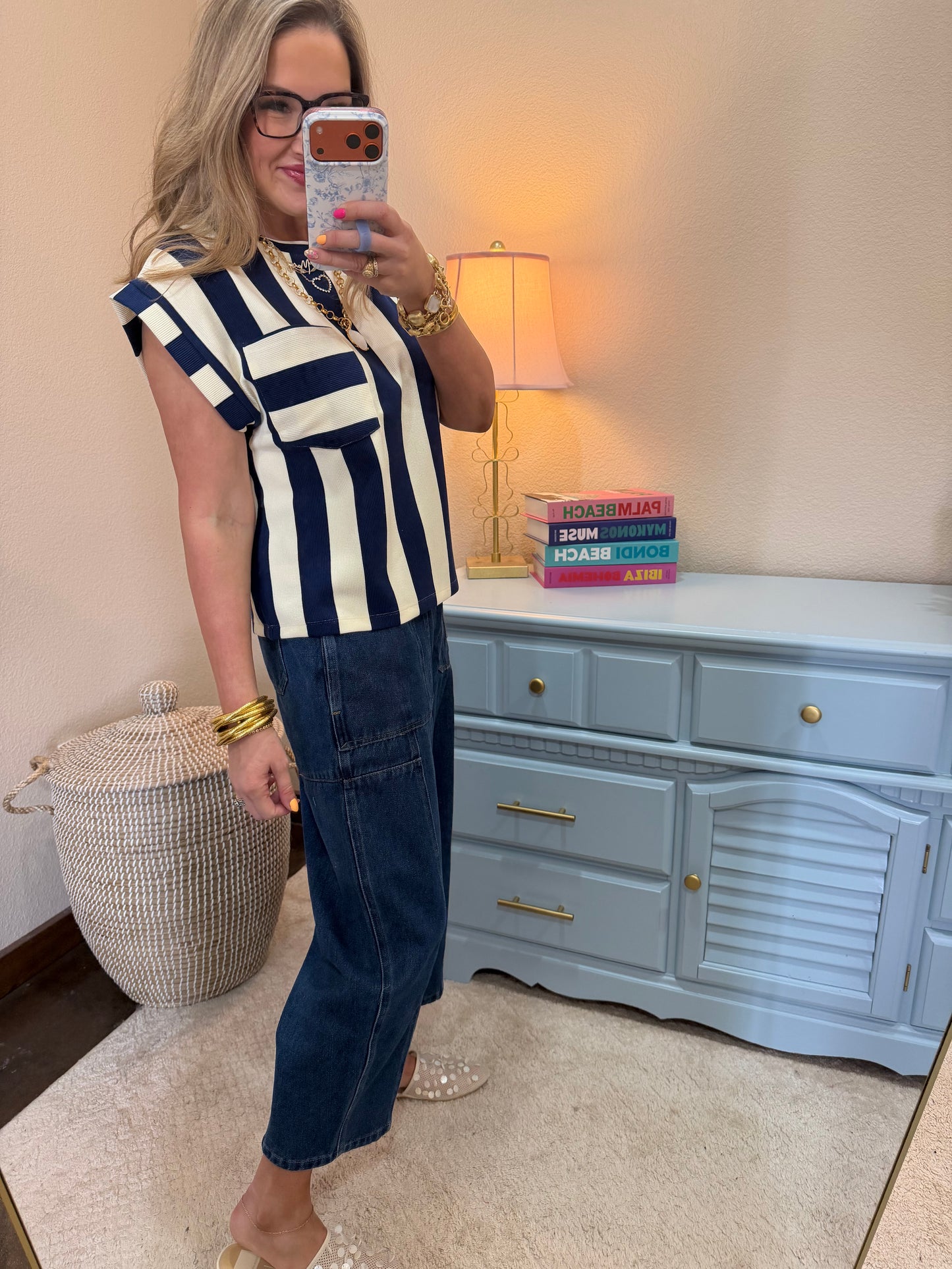 Navy and Cream Strip Round Neck Pocket Top