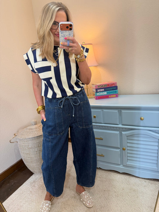 Navy and Cream Strip Round Neck Pocket Top