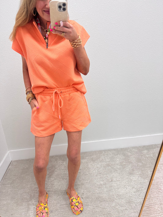 Coral Textured Half Zip Two Piece Short Set