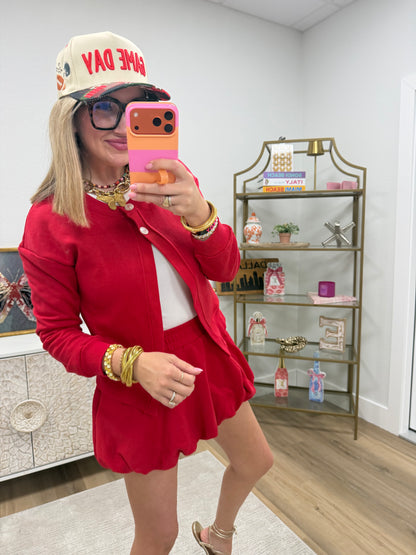 Red Cardigan Bubble Skort Two Piece Set