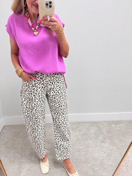 Risen Cream Leopard Barrel Jeans FS