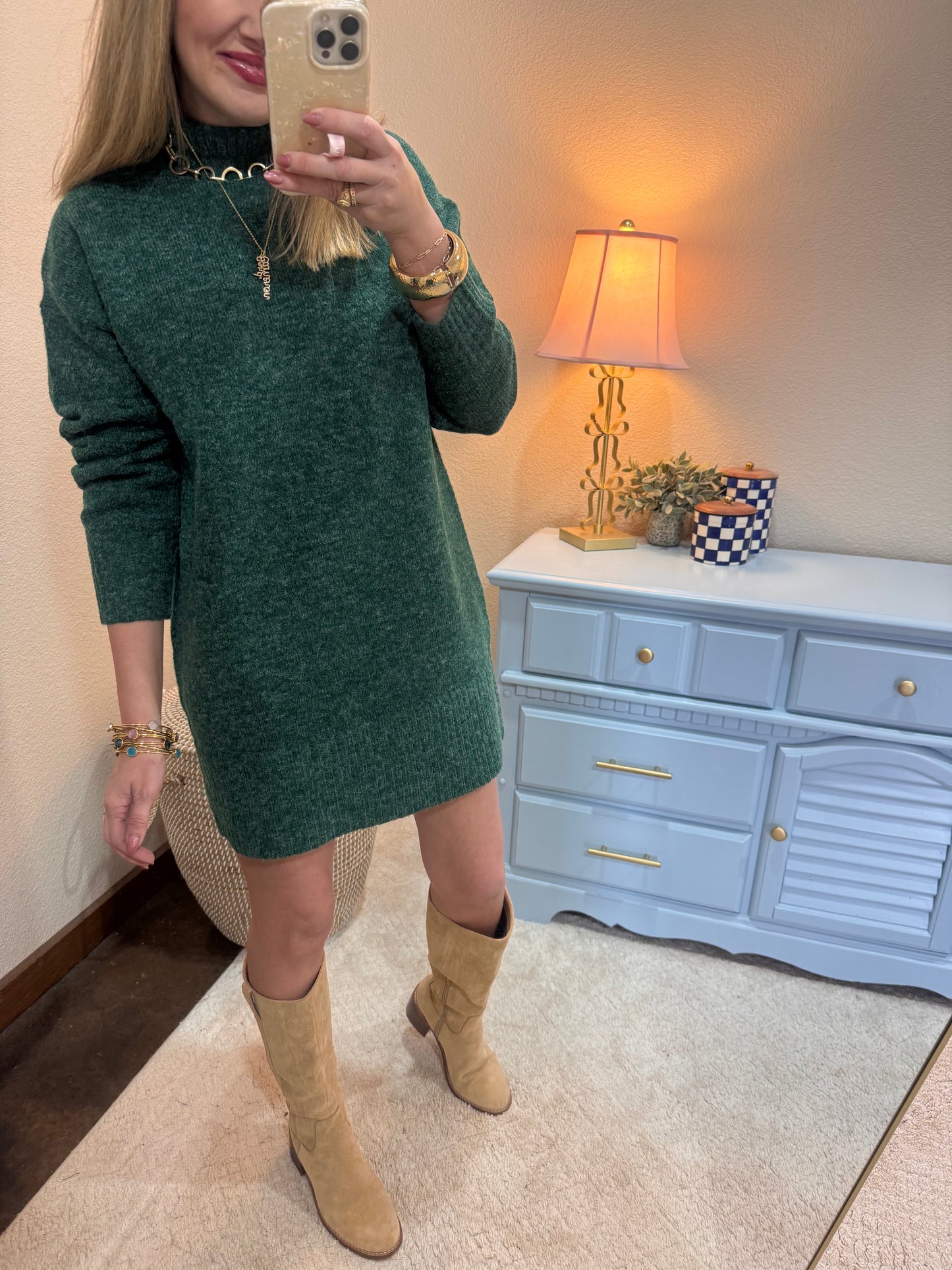 Green High Neck Sweater Dress