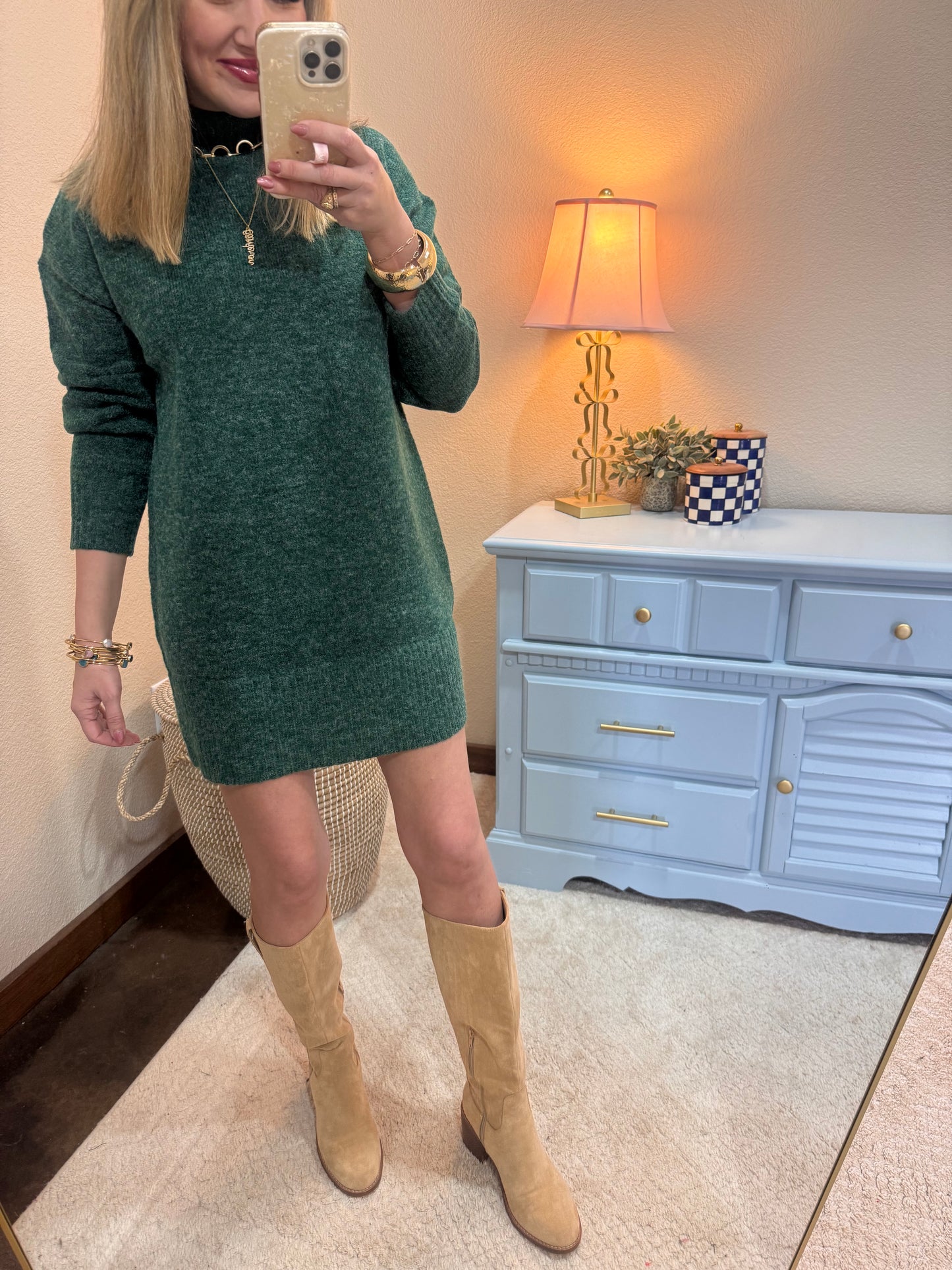 Green High Neck Sweater Dress