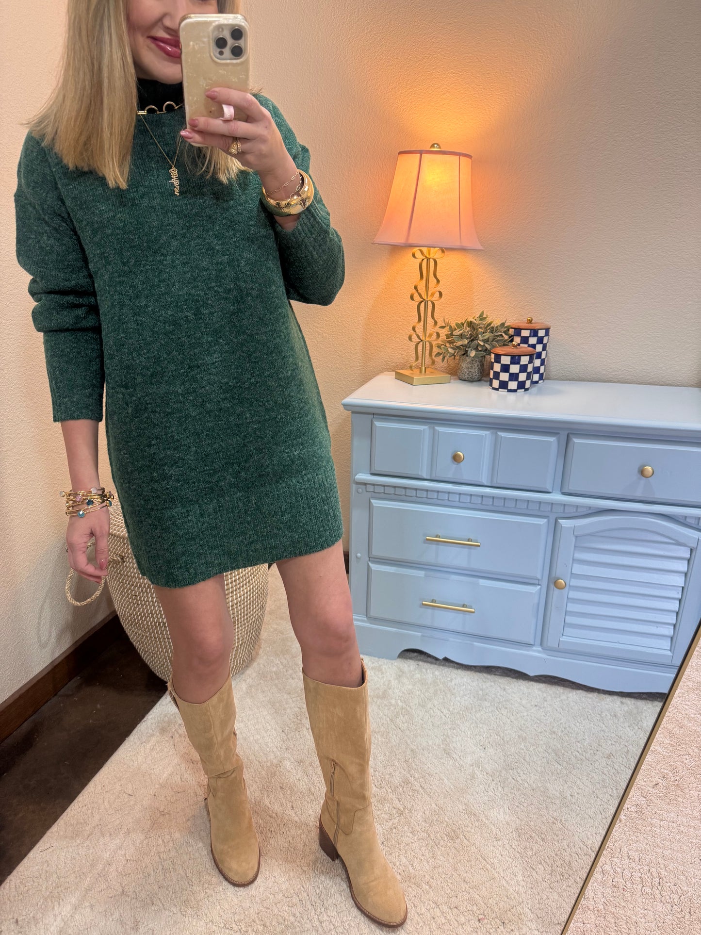 Green High Neck Sweater Dress