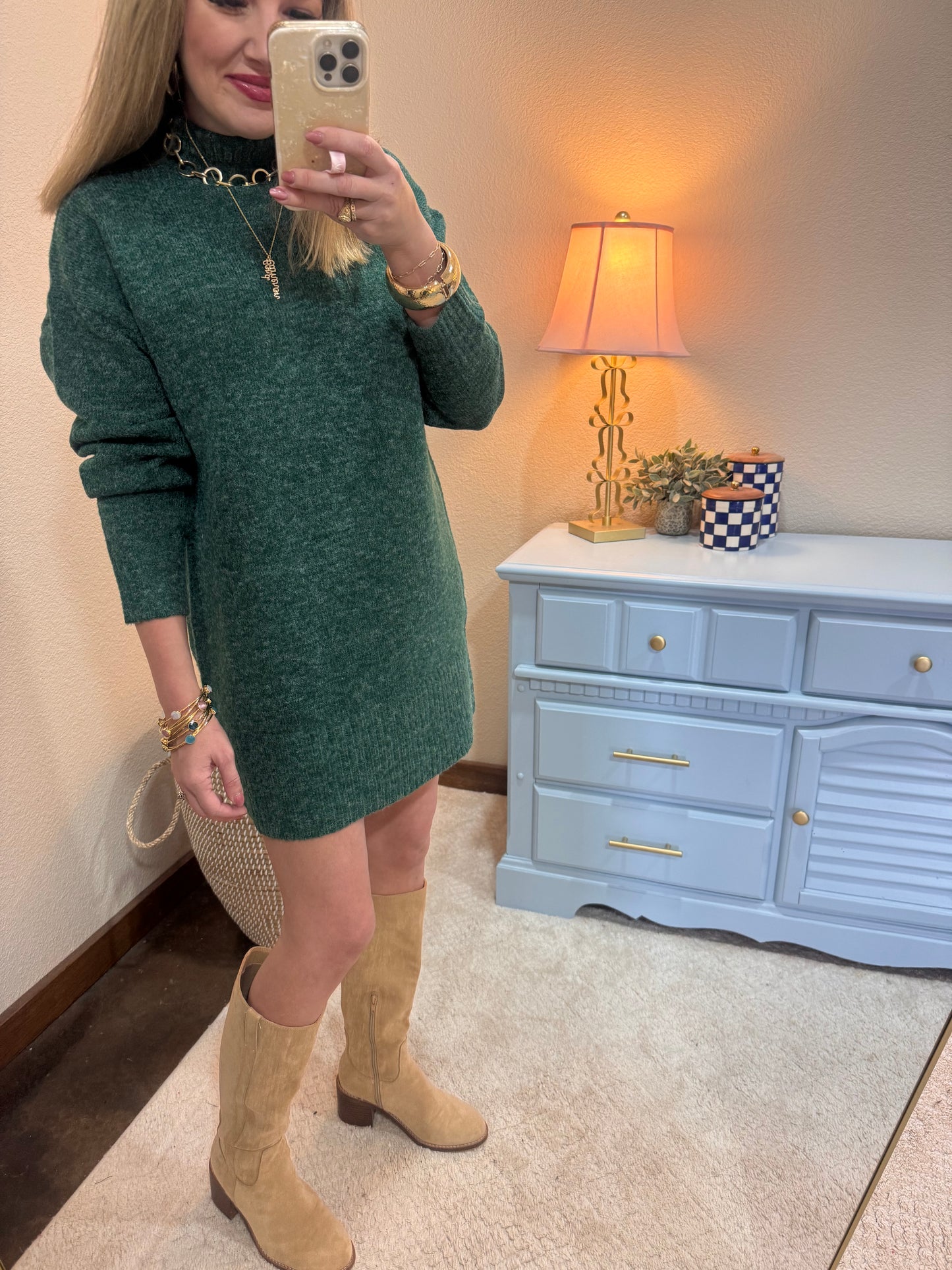 Green High Neck Sweater Dress