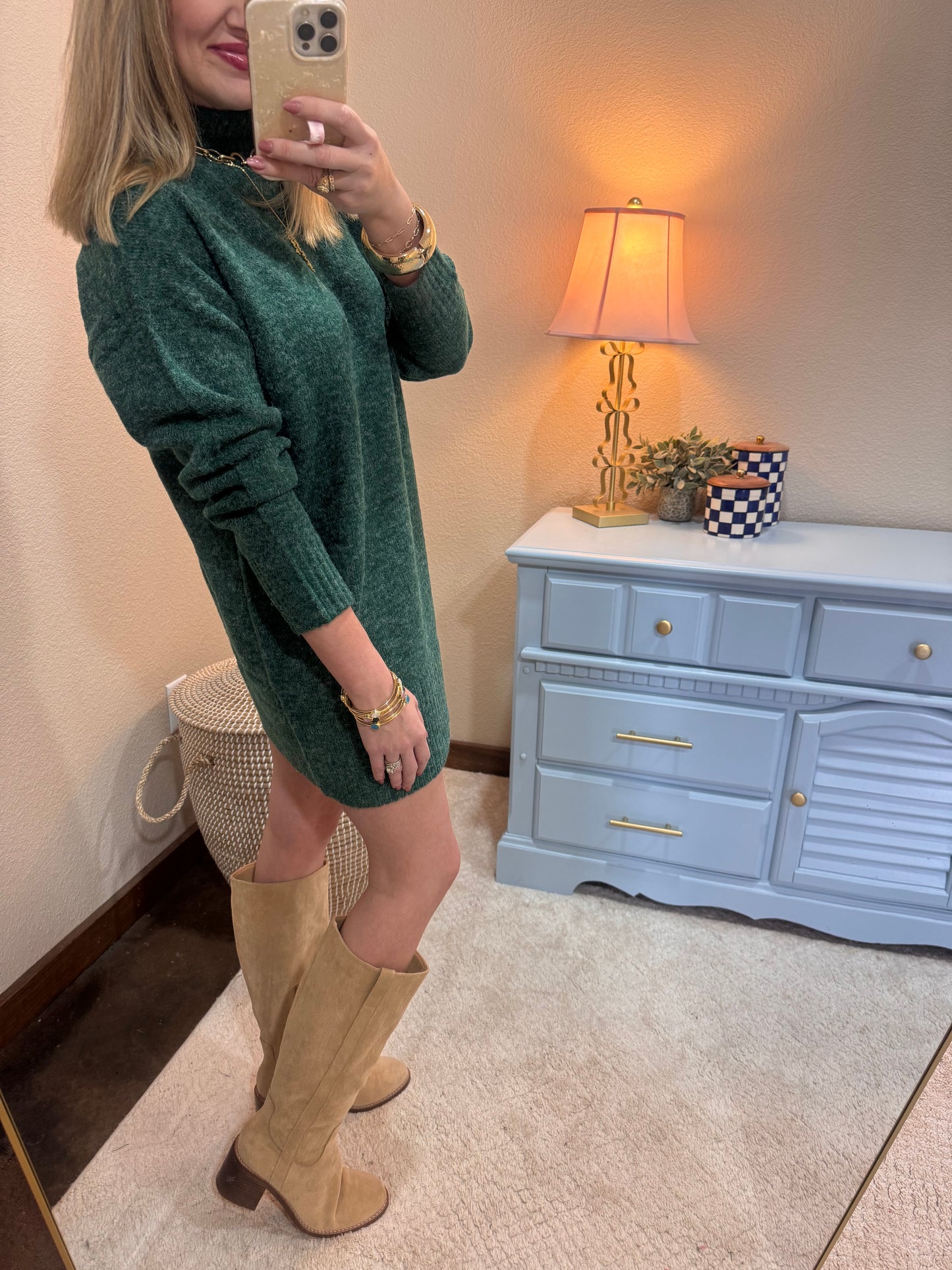 Green High Neck Sweater Dress