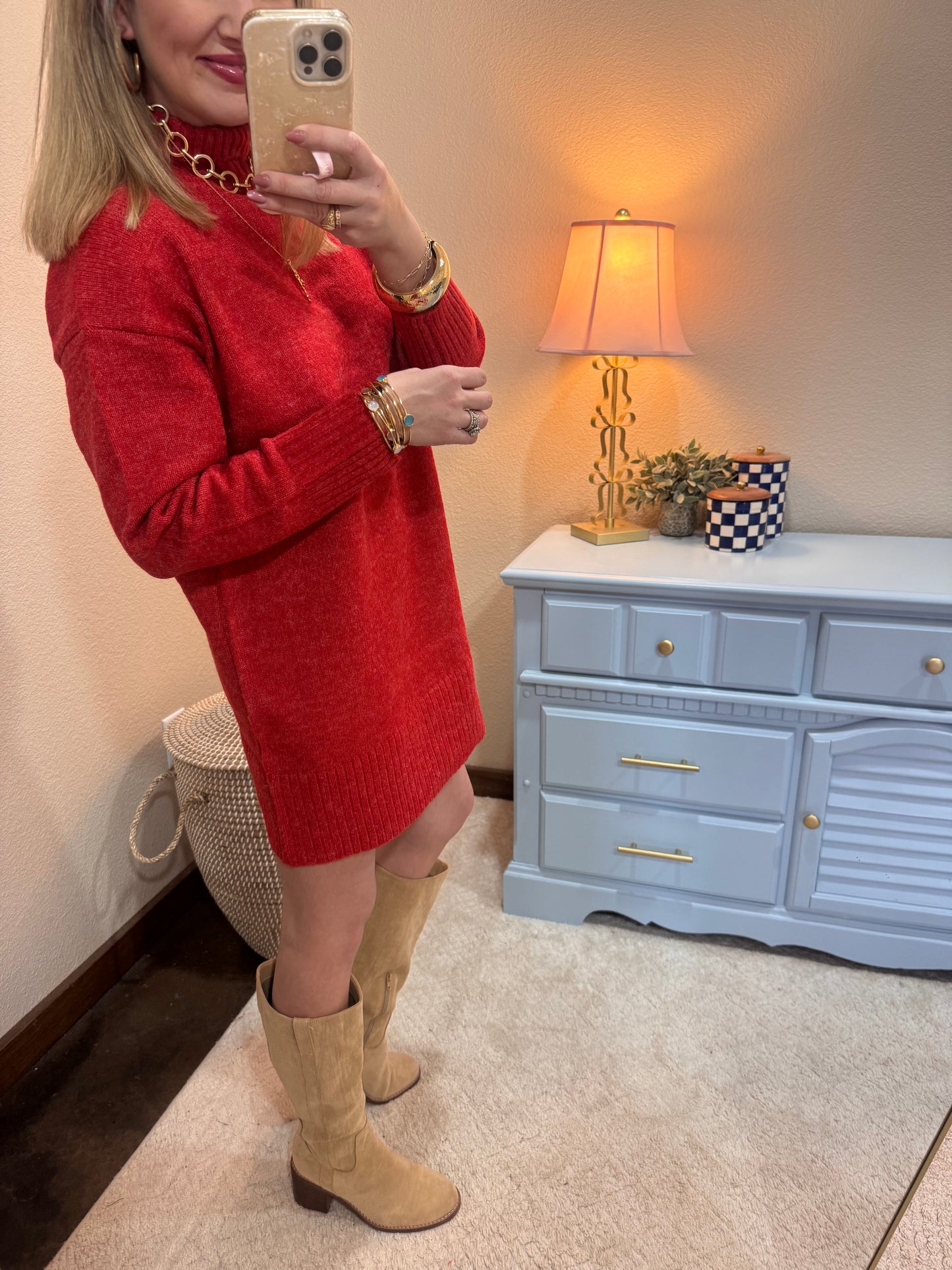 Red High Neck Sweater Dress