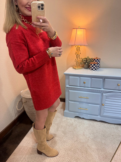 Red High Neck Sweater Dress