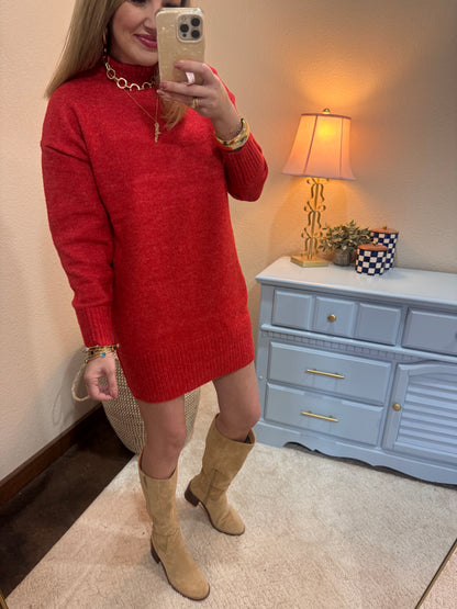 Red High Neck Sweater Dress