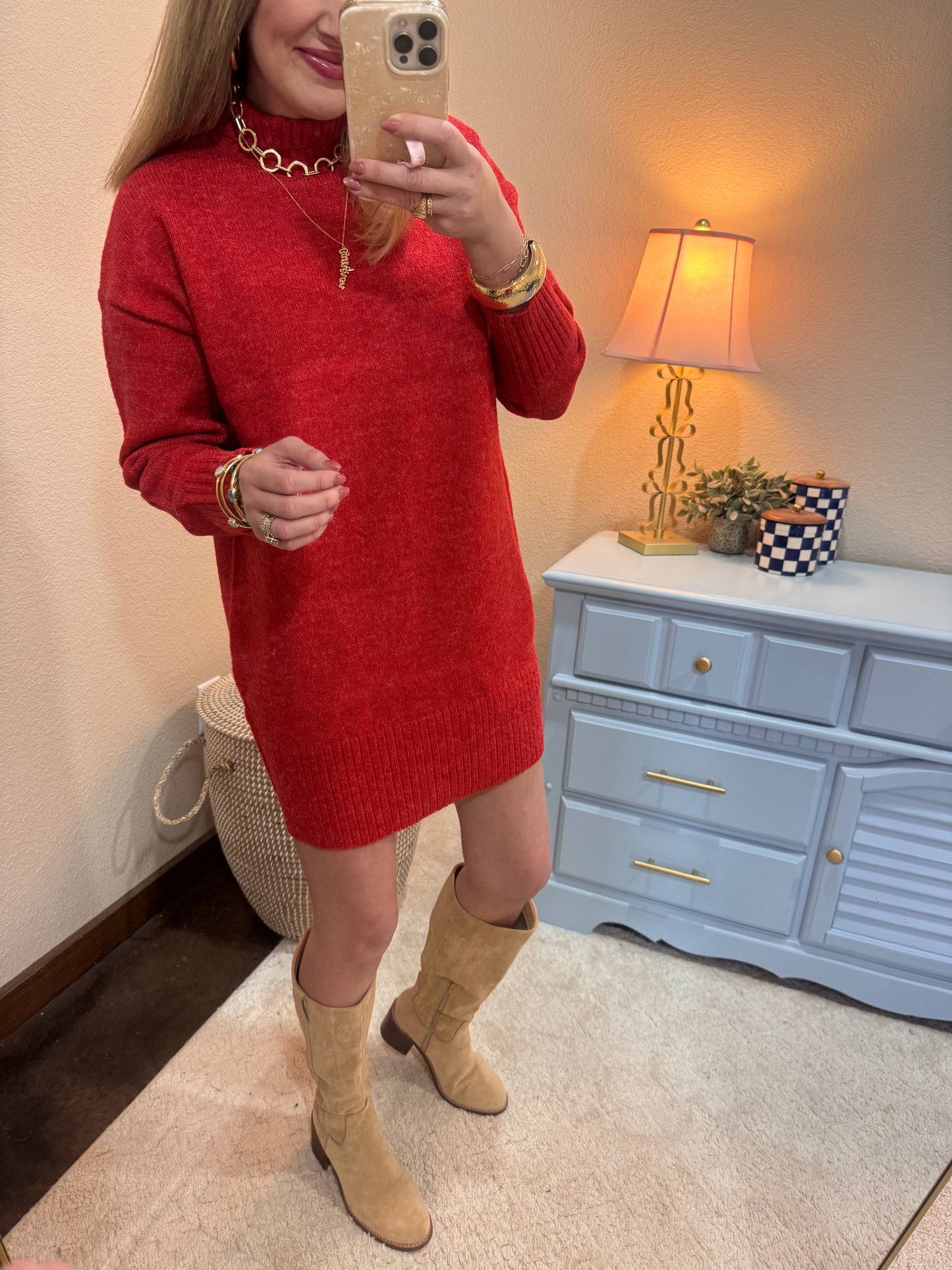 Red High Neck Sweater Dress