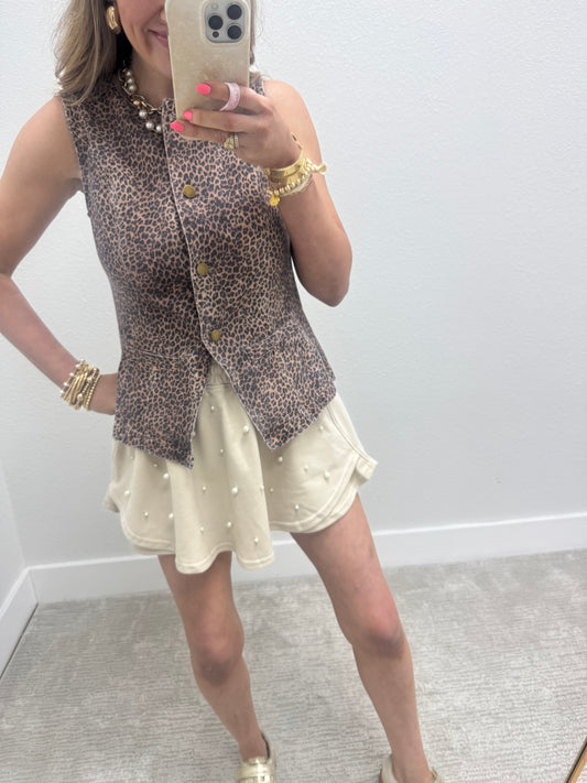 Leopard Denim Button Vest