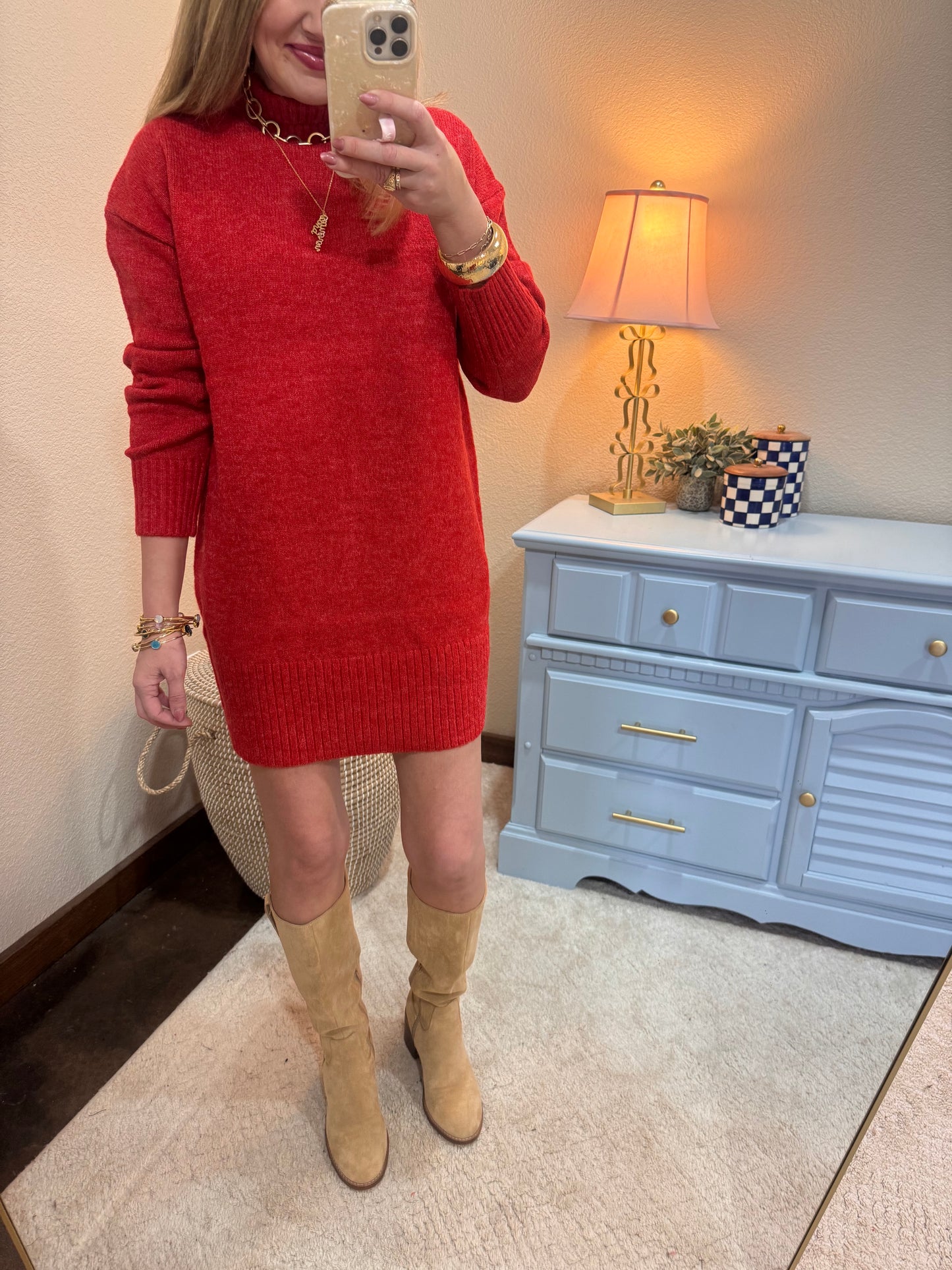 Red High Neck Sweater Dress