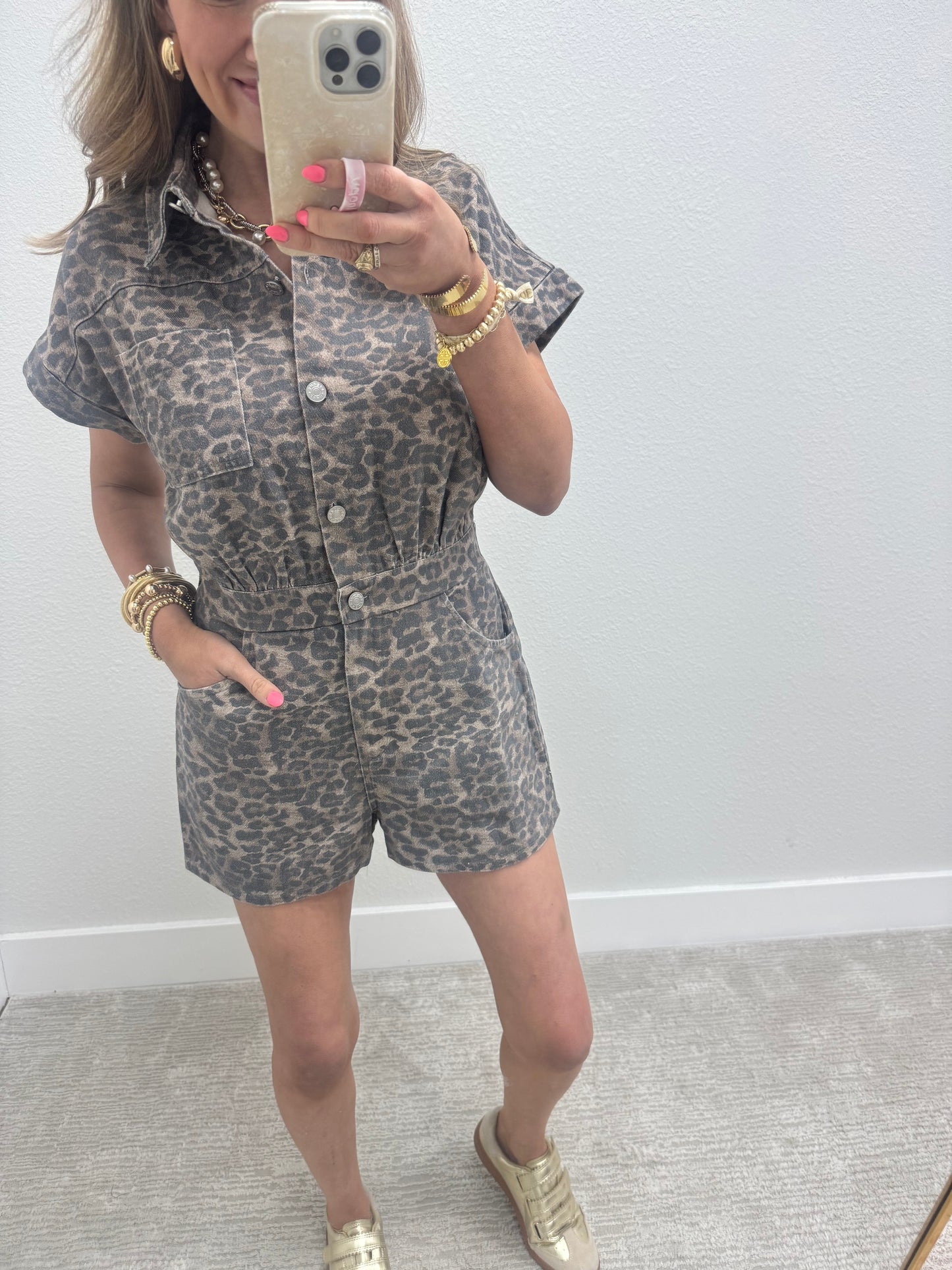 Leopard Short Sleeve Denim Button Down Romper with Pockets