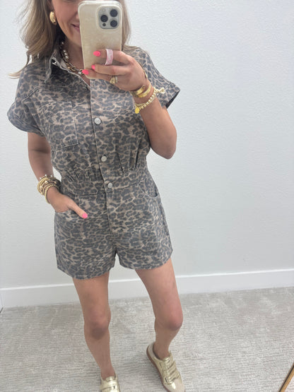 Leopard Short Sleeve Denim Button Down Romper with Pockets