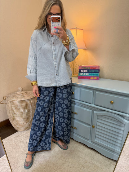 Denim Floral Wide Leg Pants