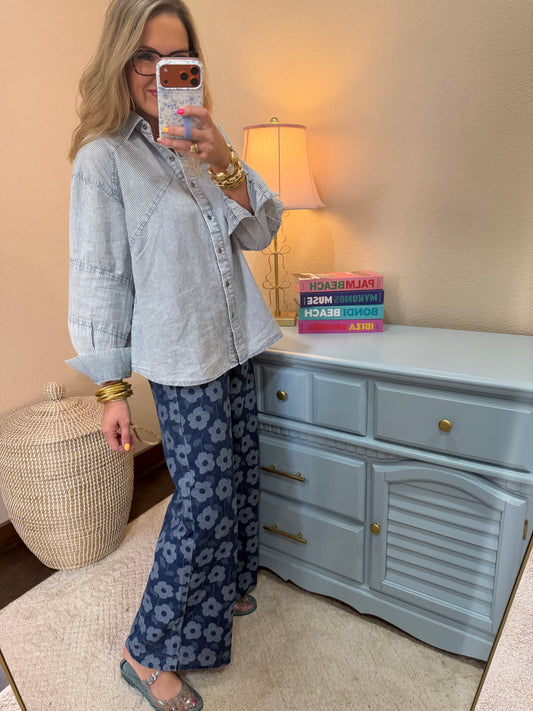 Denim Floral Wide Leg Pants
