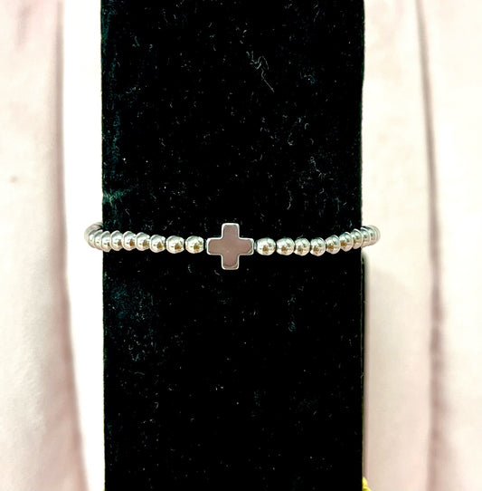 Medium Bead Cross Bracelet- Silver