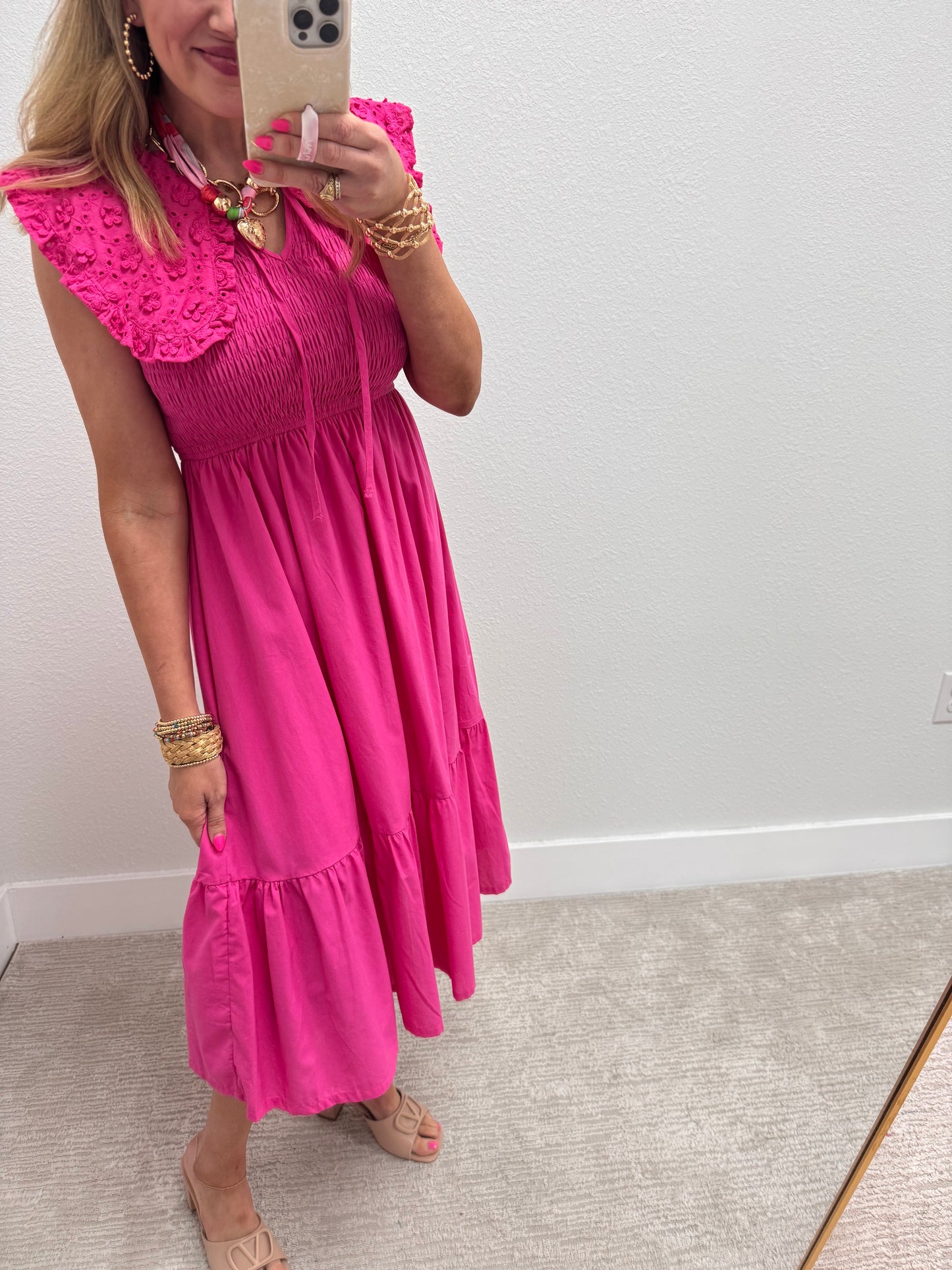 Hot Pink Peter Pan Collared Smocked Midi Dress