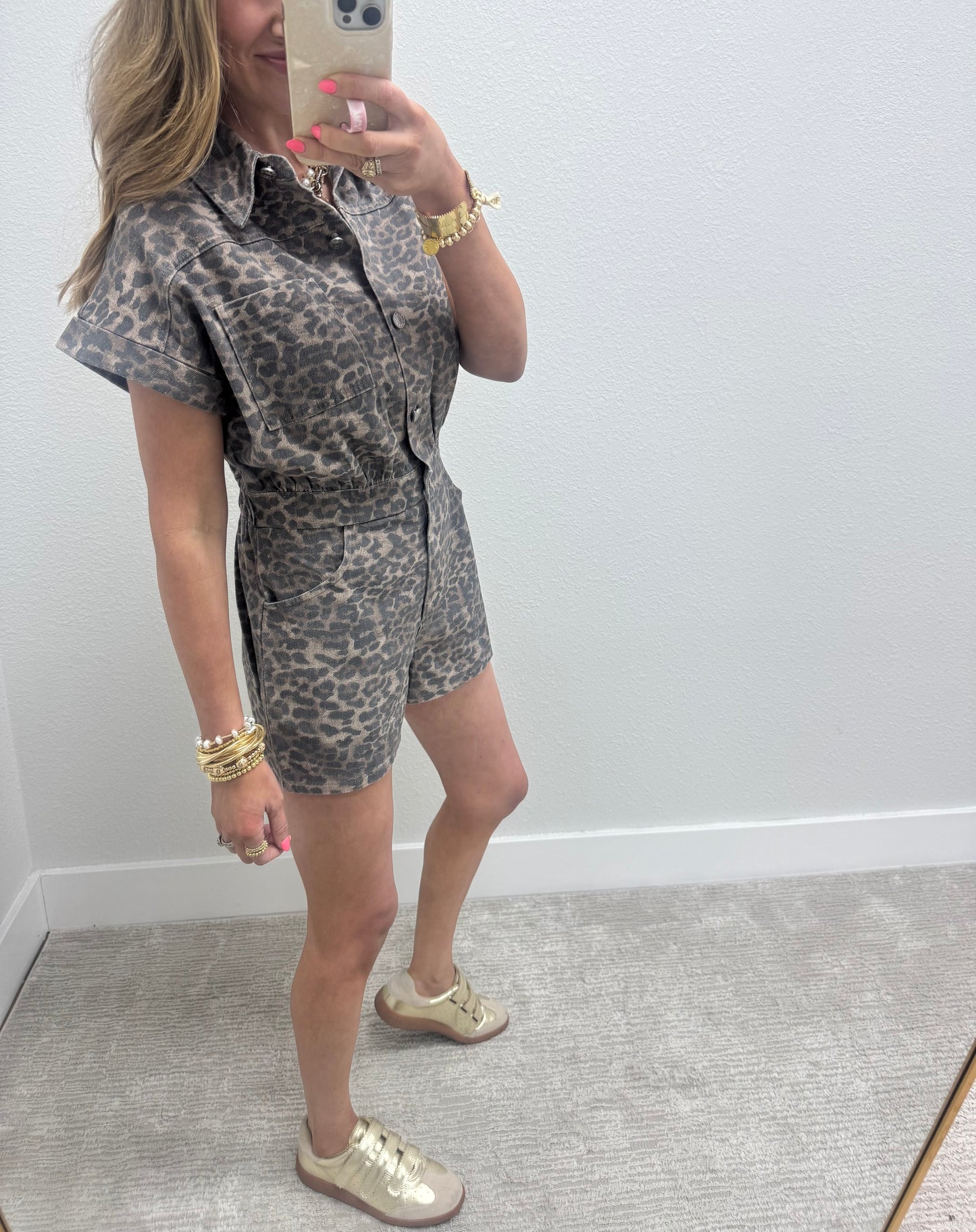 Leopard Short Sleeve Denim Button Down Romper with Pockets