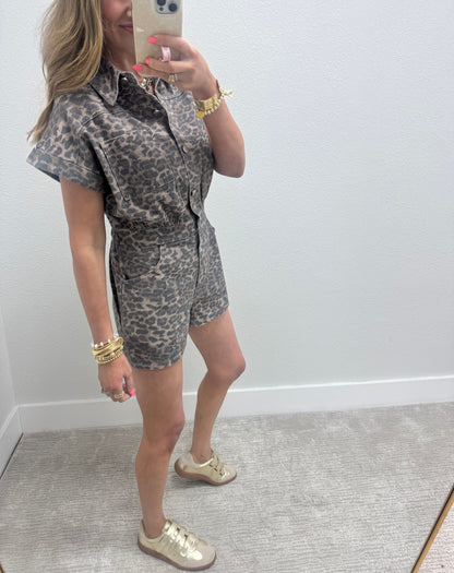 Leopard Short Sleeve Denim Button Down Romper with Pockets