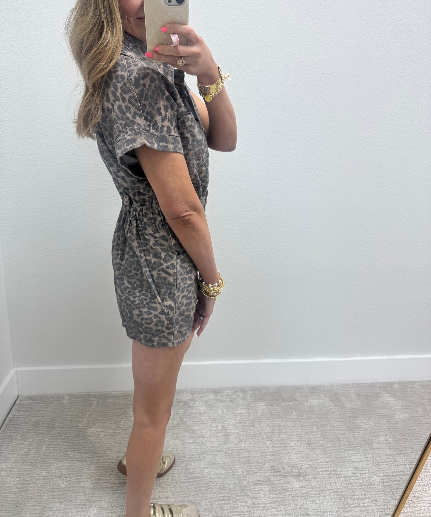 Leopard Short Sleeve Denim Button Down Romper with Pockets
