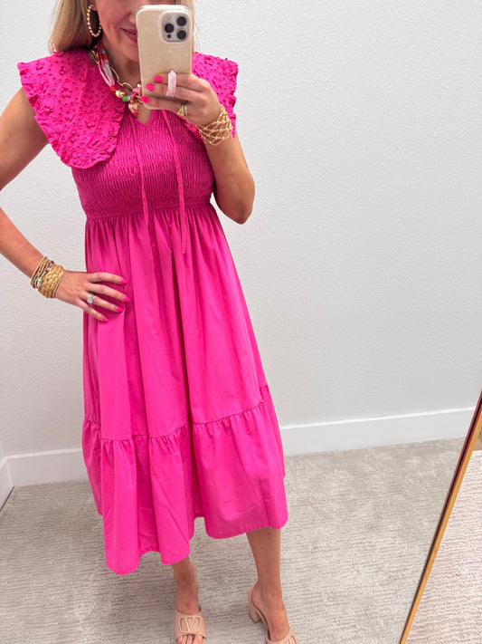 Hot Pink Peter Pan Collared Smocked Midi Dress