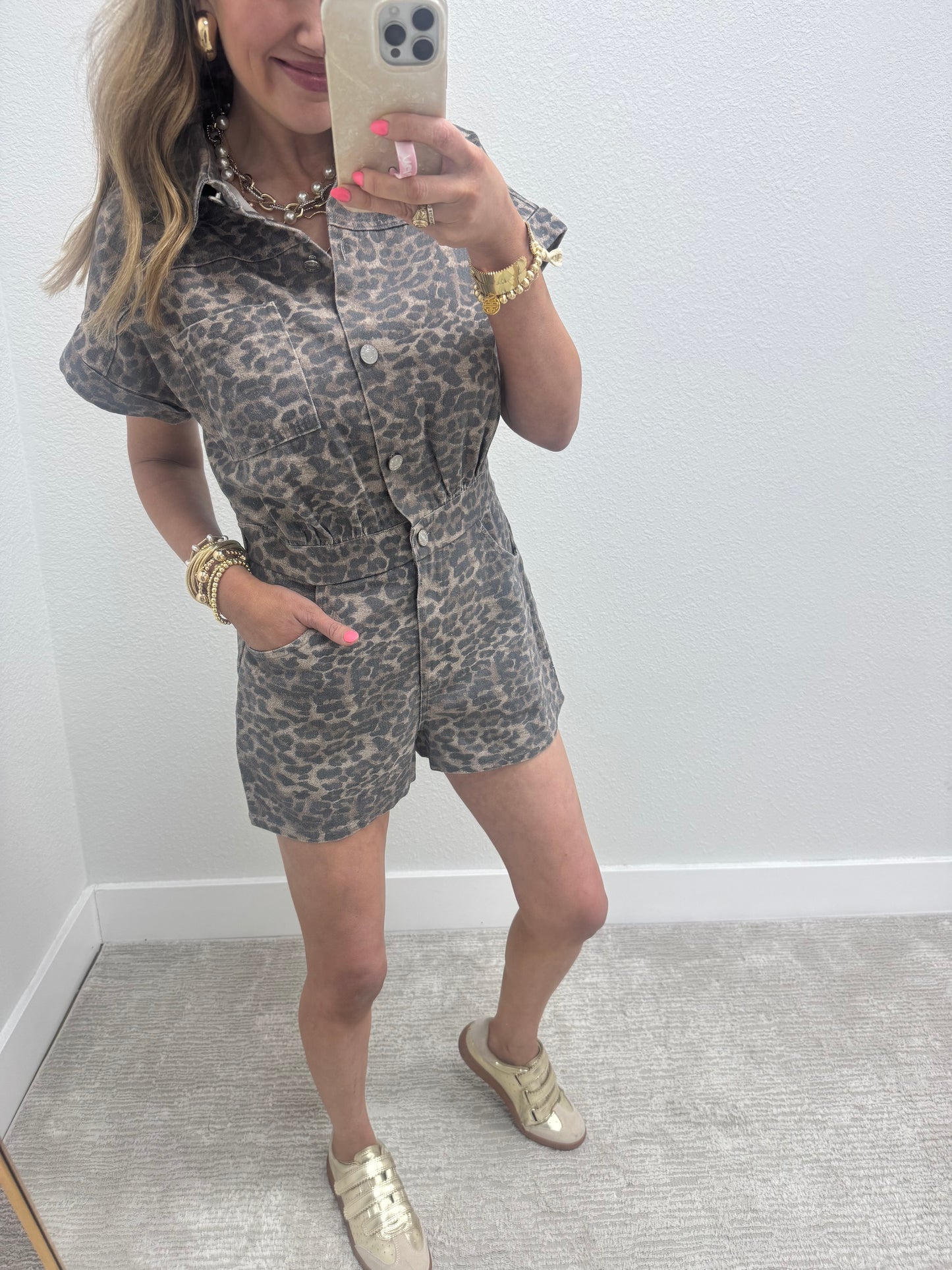 Leopard Short Sleeve Denim Button Down Romper with Pockets