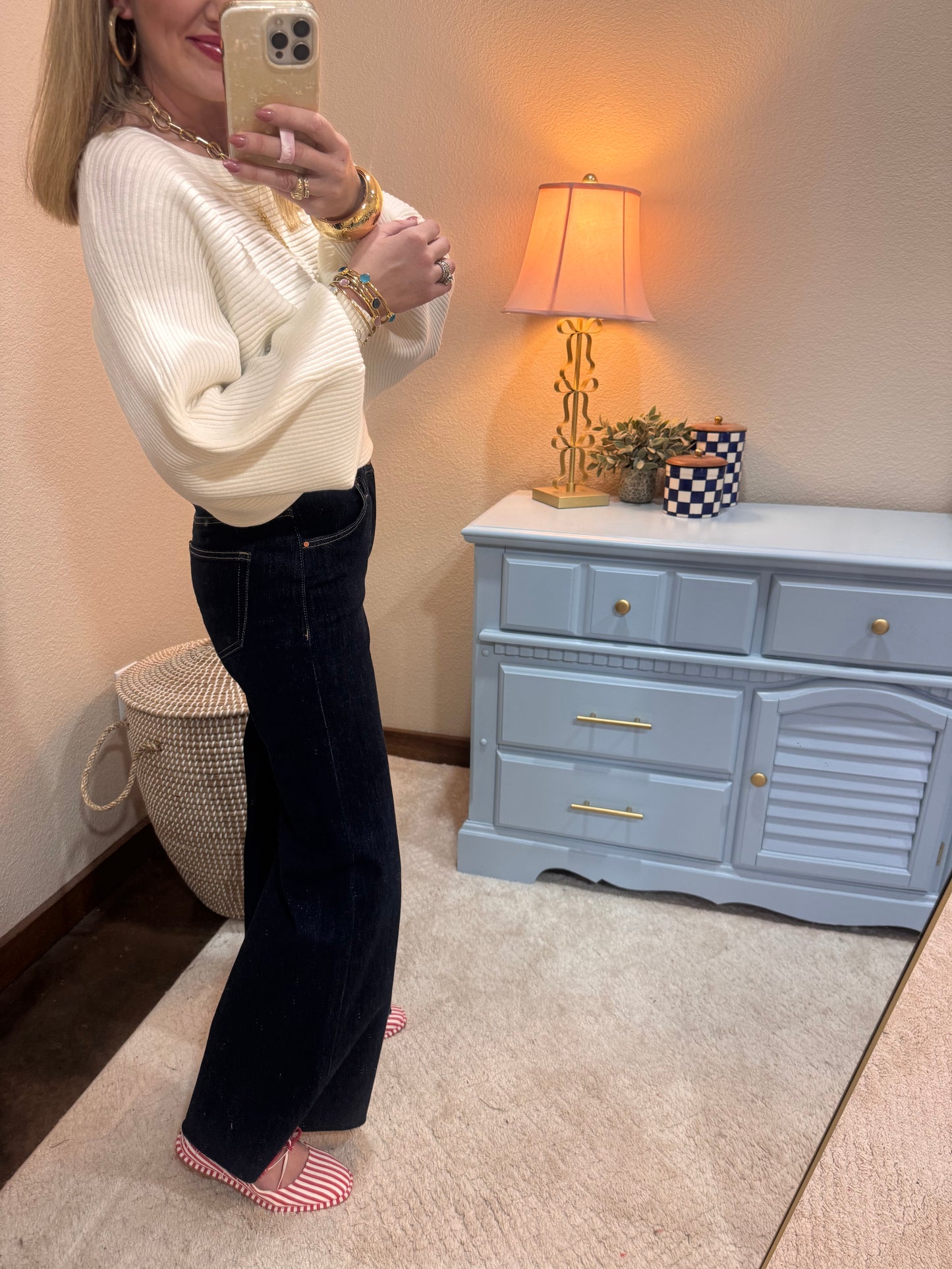 Cream Ribbed Balloon Sleeve Sweater