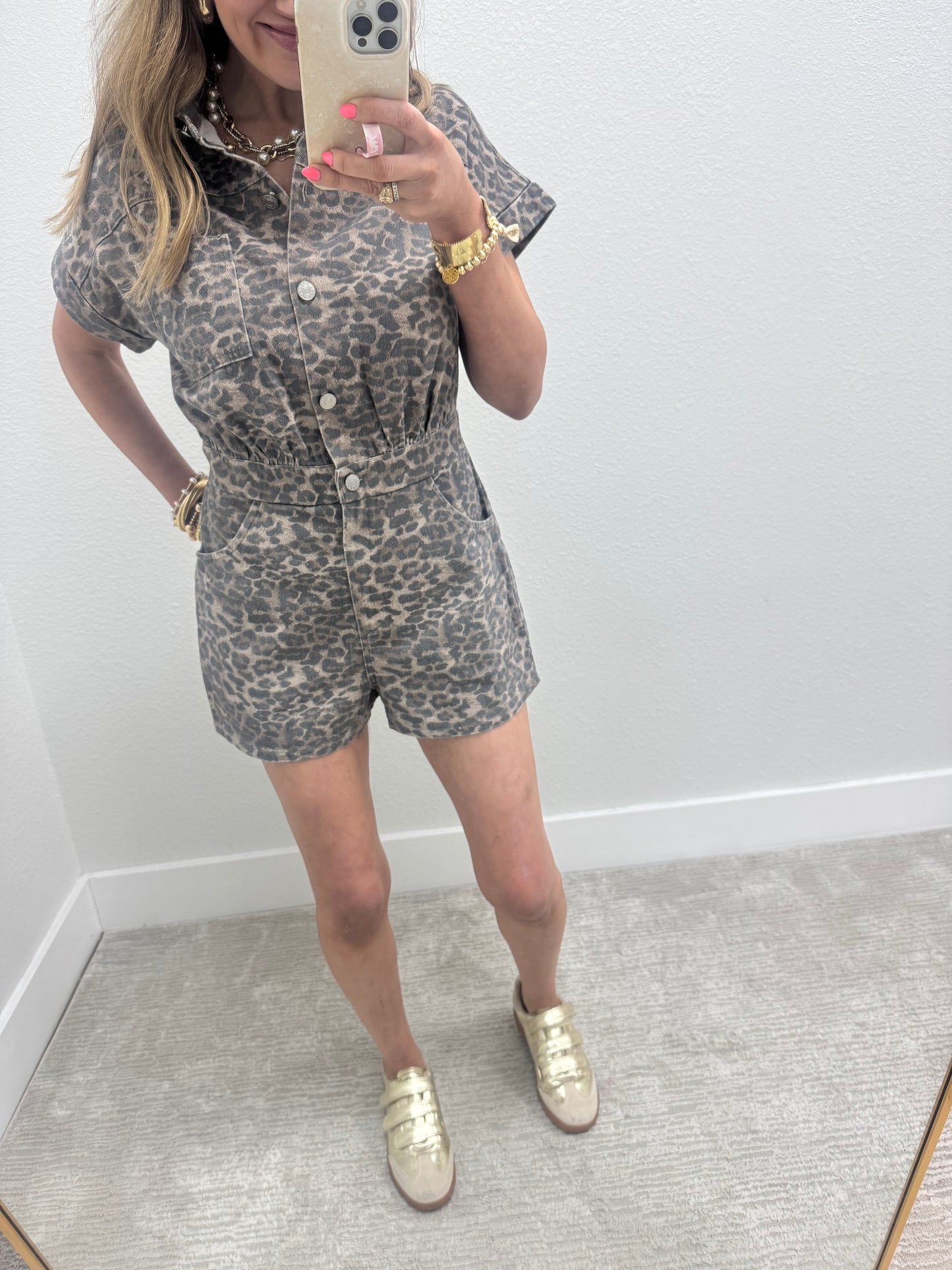 Leopard Short Sleeve Denim Button Down Romper with Pockets