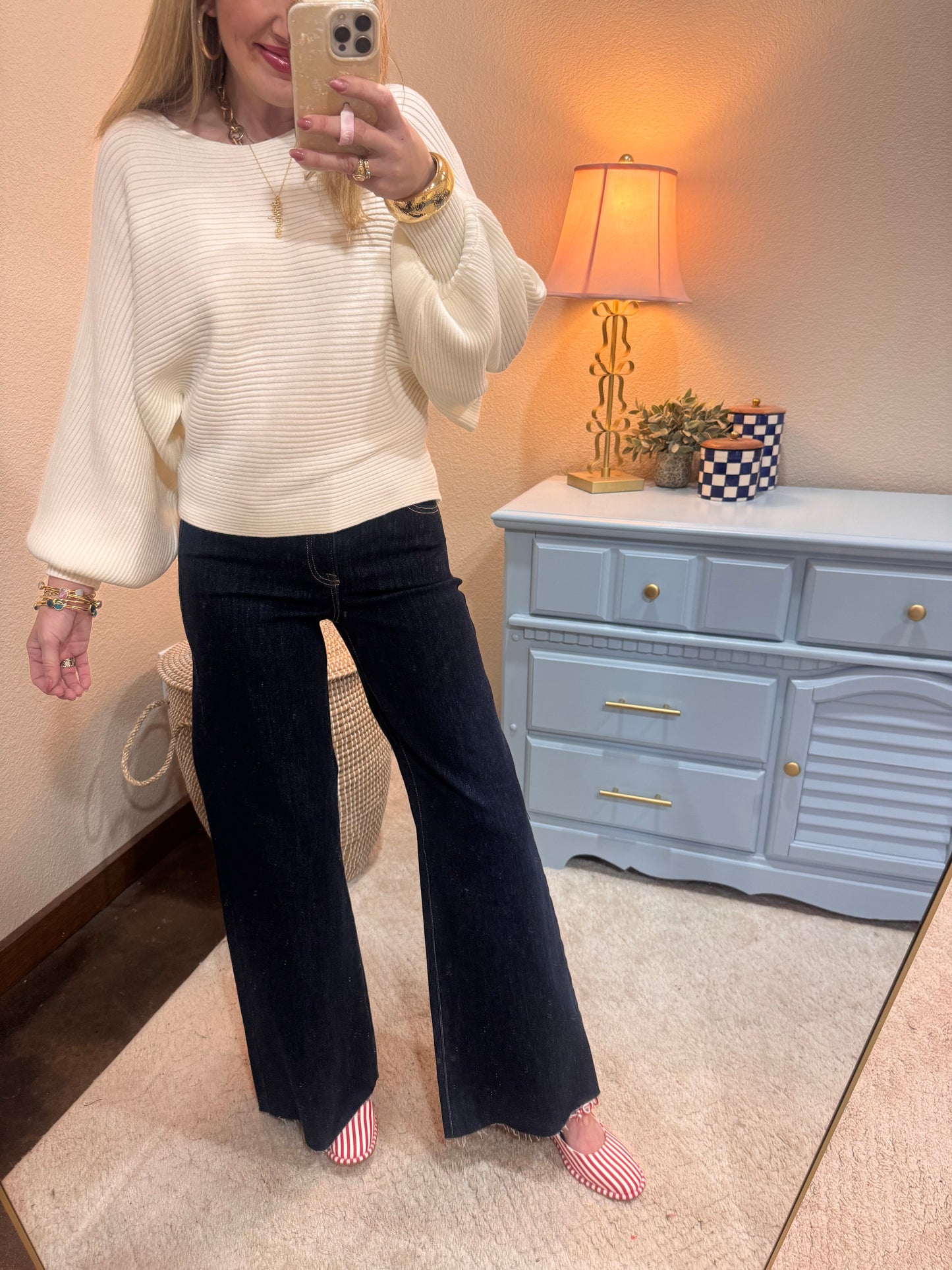 Cream Ribbed Balloon Sleeve Sweater
